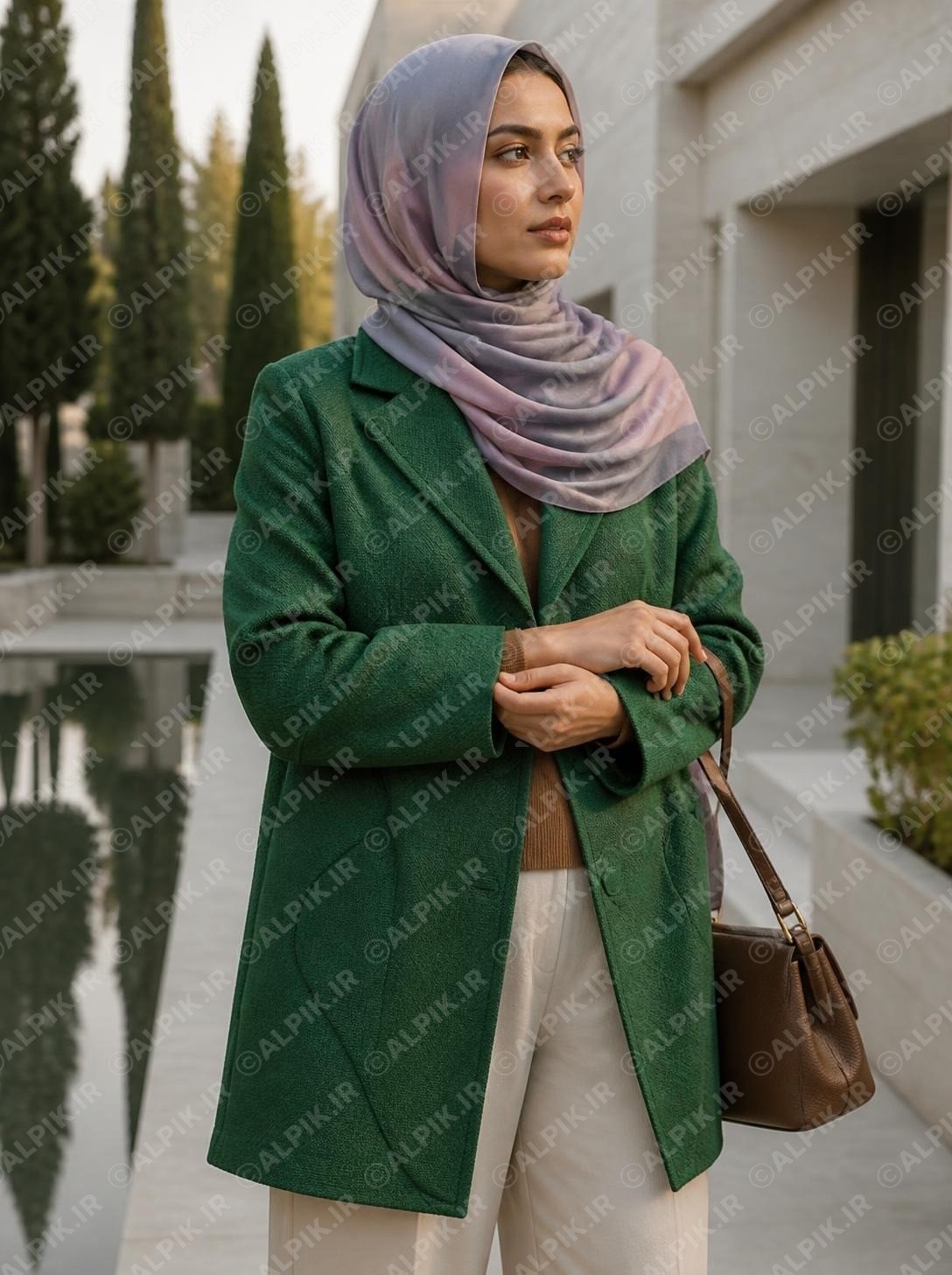 عکس پالتو زمستانه سبز زنانه با استایل حجاب شیک