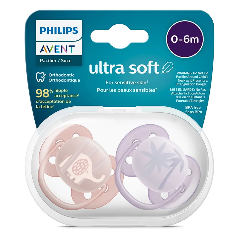 پستانک اونت اولترا سافت 2عددی تکی 0 تا 6 ماه avent ultra soft طرح فیل و درخت