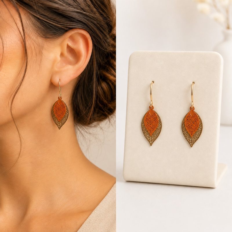 گوشواره آویزی طرح برگ نارنجی دو لایه
