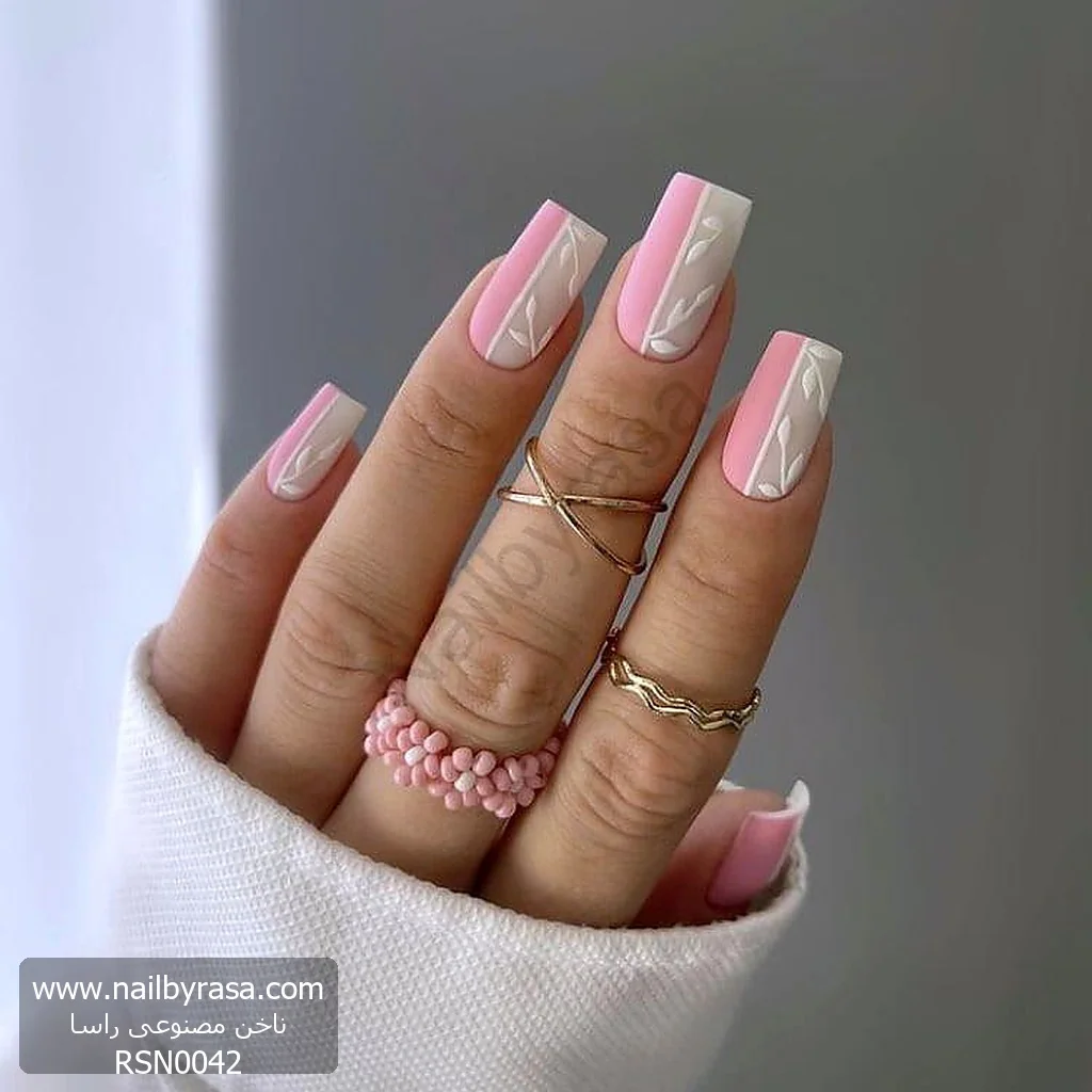 ناخن مصنوعی طرح دو رنگ صورتی و سفید با برگ برجسته (۳ بعدی) مربعی بلند راسا - RSN0042