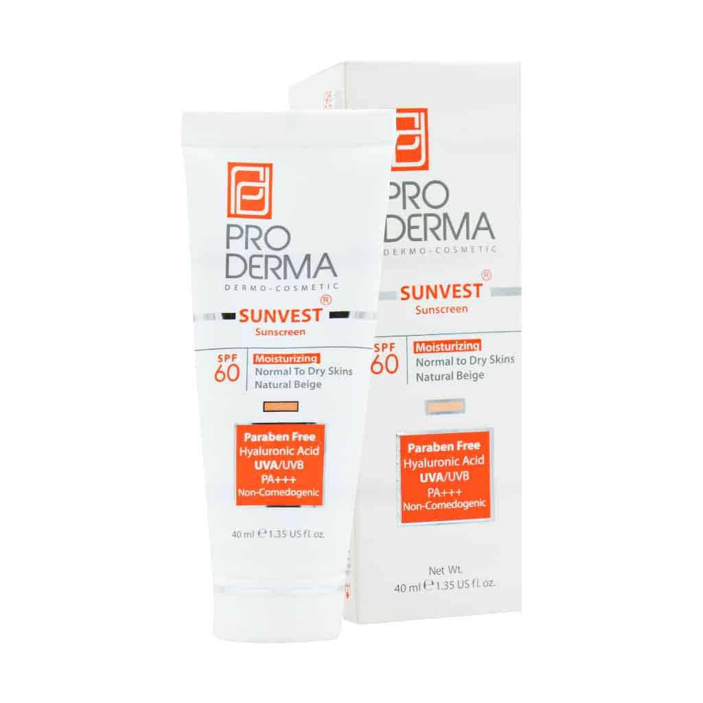 کرم ضد آفتاب و مرطوب کننده بژ طبیعی پرودرما SPF60 مناسب پوست های معمولی و خشک ۴۰ میلی لیتر