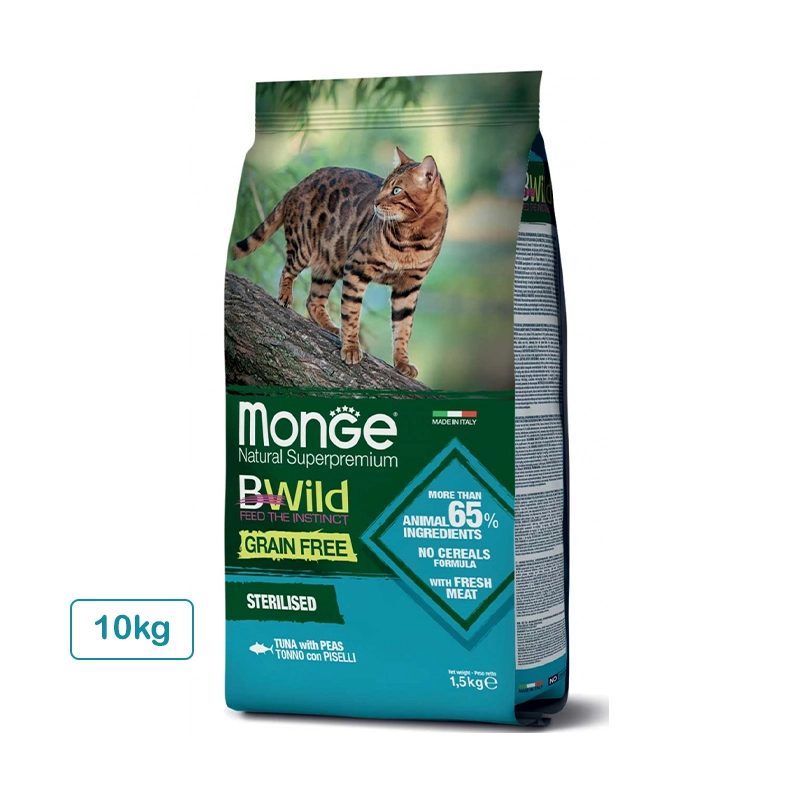 غذای خشک گربه بالغ مدل Monge BWild Grain Free Formula Sterilised Cat Tuna with Peas با ماهی تن و نخودفرنگی بدون غلات وزن 10 کیلوگرم
