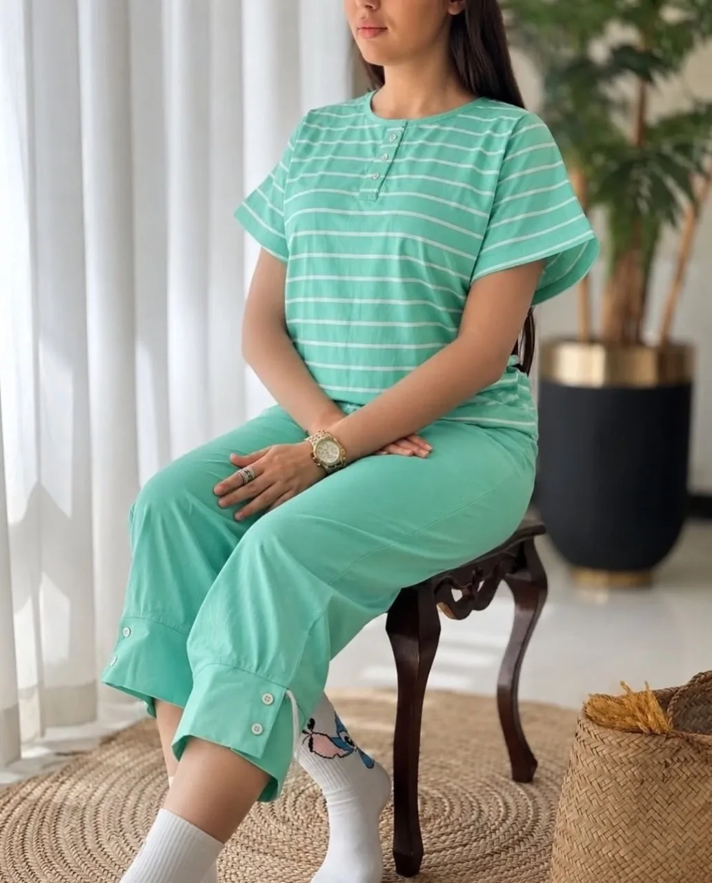 ست تیشرت شلوارک برمودا زنانه راه راه - سبز پاستیلی