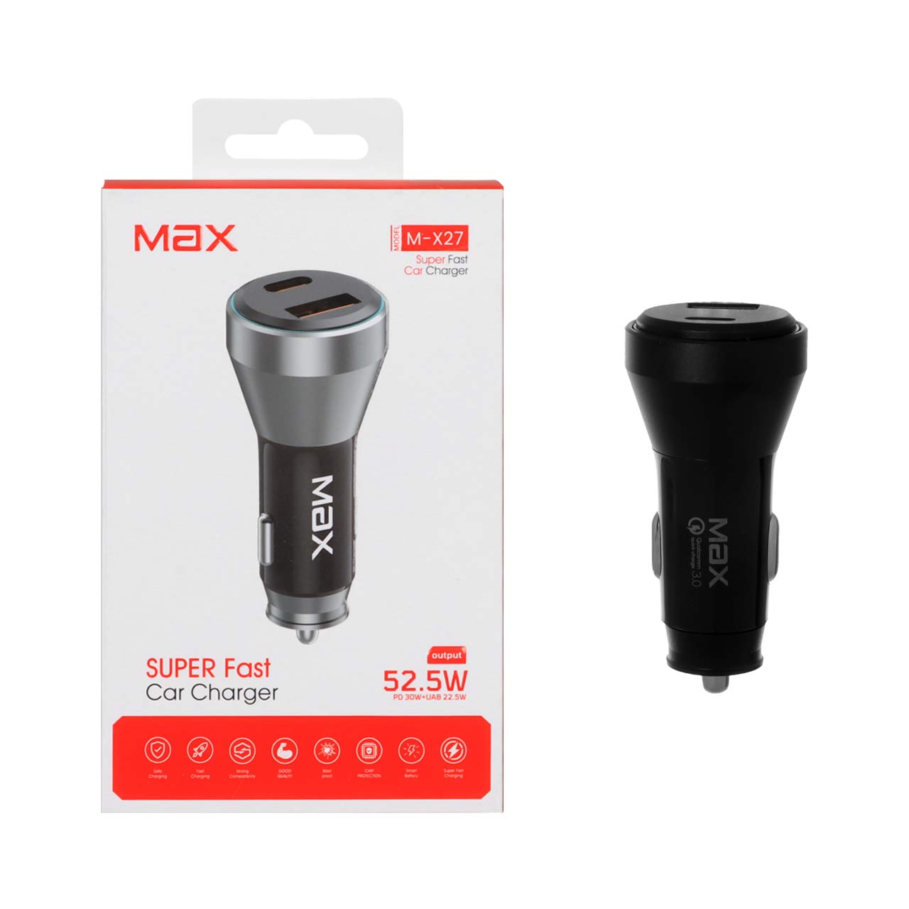 شارژر فندکی PD و فست دو پورت Max مدل M-X27 52.5W - مشکی