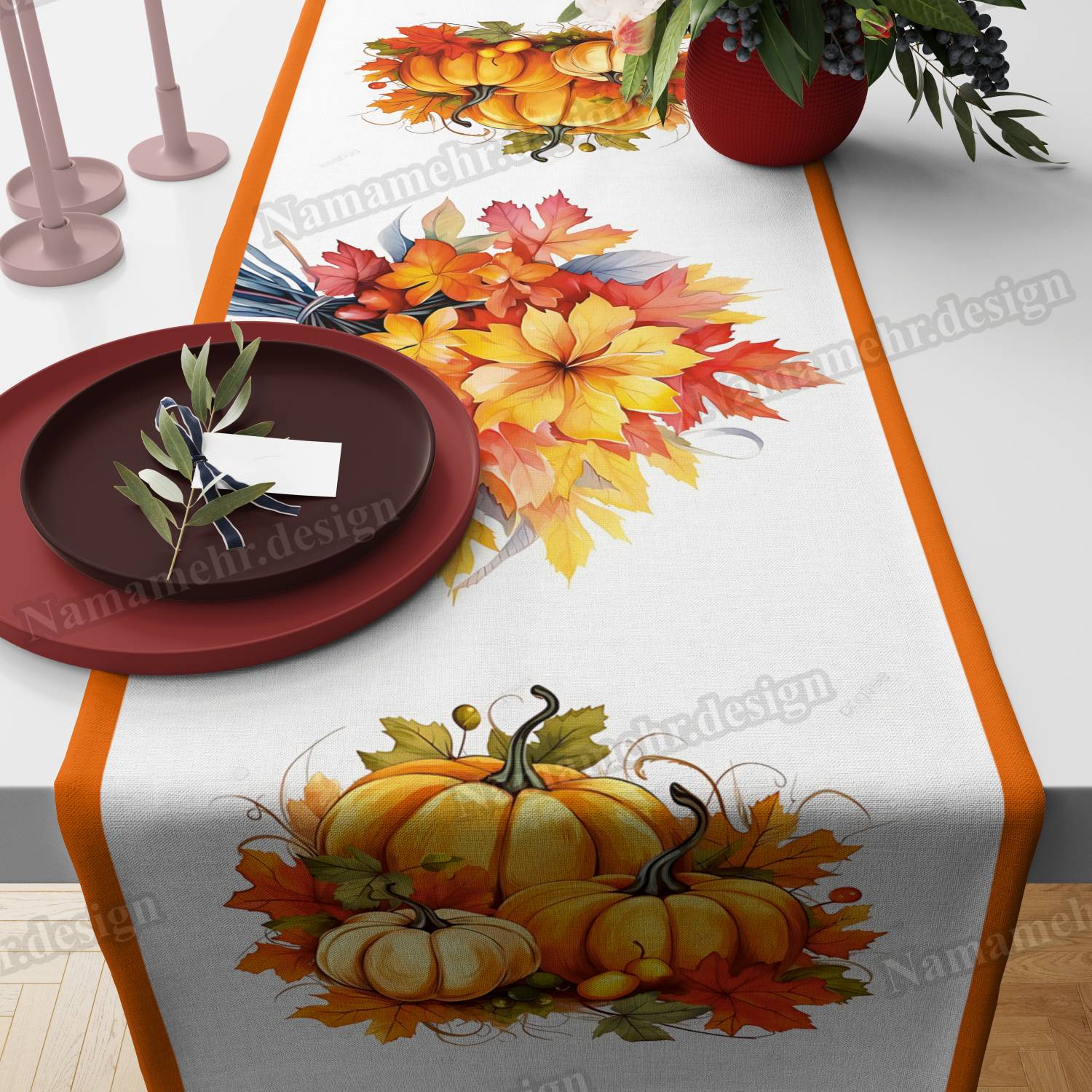 رانر طرح برگ کدوتنبل رنگ نارنجی کد R034