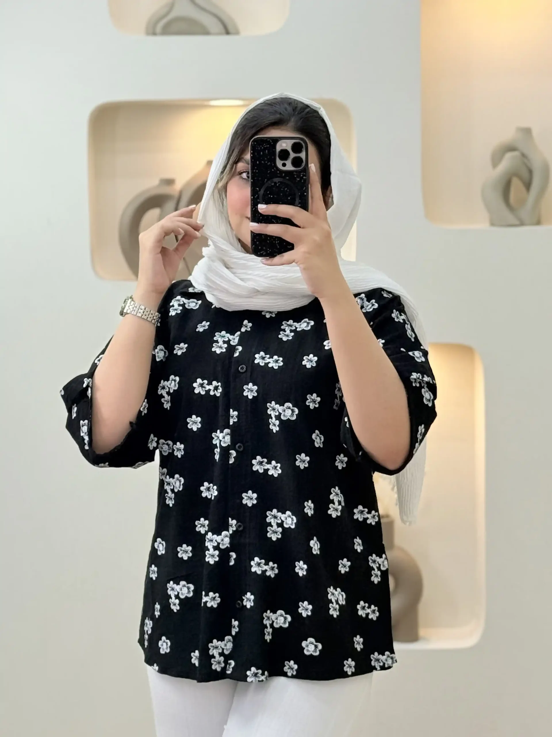 شومیز گل گچی پاگن دار-۱۰۲۵۴ - مشکی