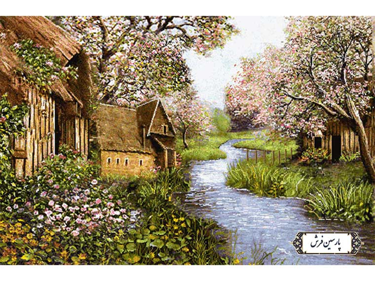 نخ و نقشه تابلو فرش منظره زیبای کلبه و رود - کد NV899
