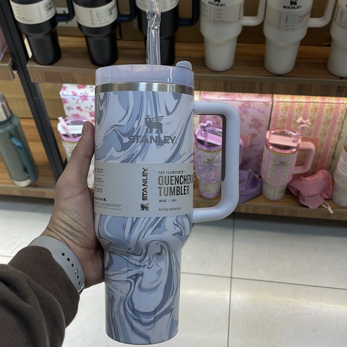 ماگ استنلی تامبلر ماربل طوسی آبی اورجینال | Quencher H2.0 FlowState 1.18L