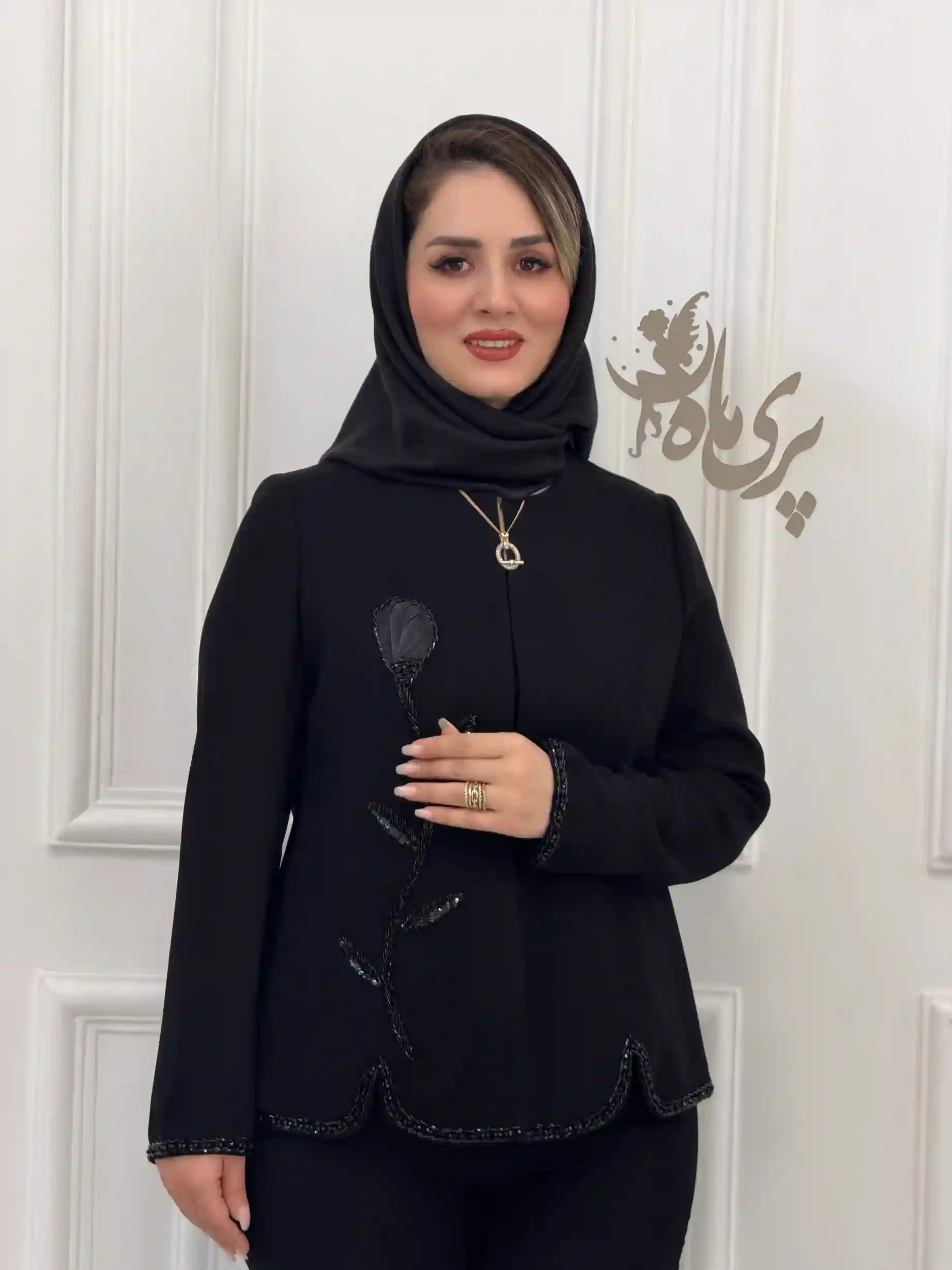 ست سه تکه کت بلند کرپ کنزو اندونزی با تکه‌دوزی مخمل جواهردوزی