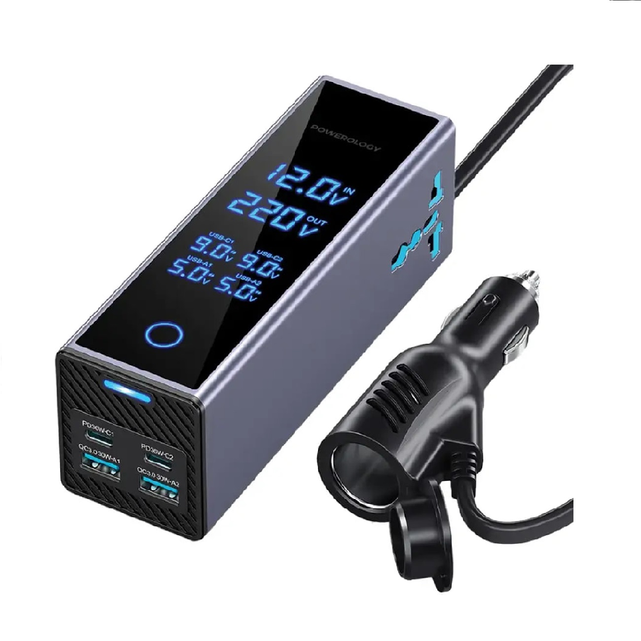اینورتر فندکی USB و تایپ‌سی 300 وات پاورولوژی مدل PWCUQC044