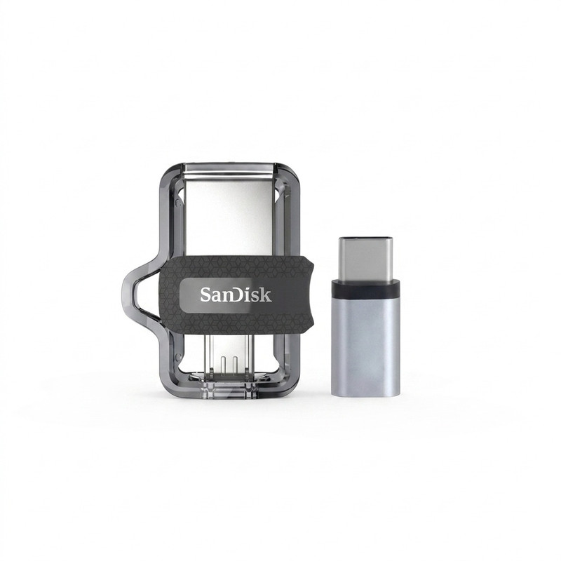 فلش مموری سن دیسک مدل Ultra Dual Drive m3.0 ظرفیت 64 گیگابایت با دو رابط USB Type-A و USB Type-C، سرعت انتقال 130 مگابایت بر ثانیه، استاندارد USB 3.2 Gen1، مناسب انتقال سریع و ایمن فایل بین دستگاه‌های هوشمند - طوسی