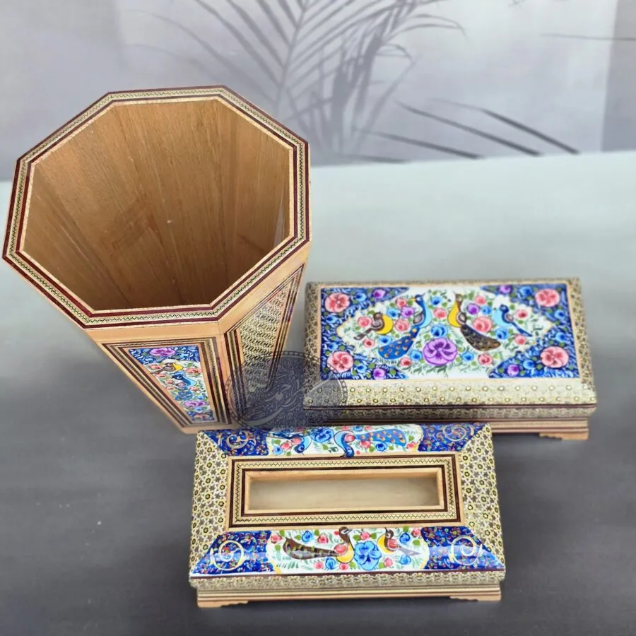 ست سه تکه سطل خاتم و گل و مرغ کاظمی
