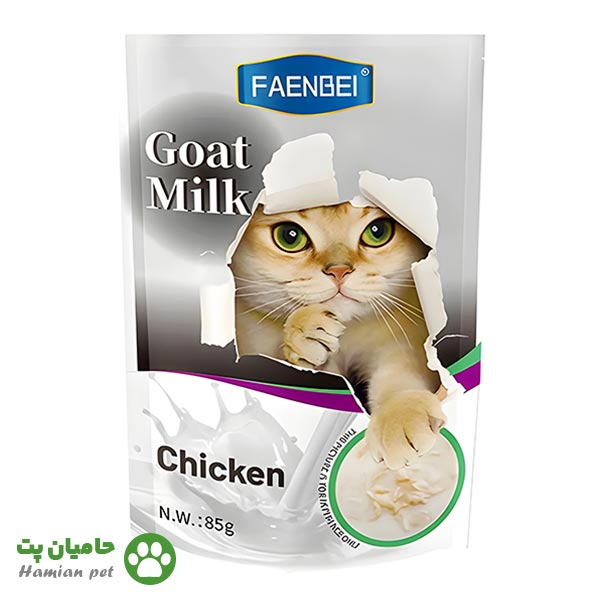 پوچ گربه فنبی(FAENBEI) طعم مرغ در شیر بز وزن ۸۵ گرم