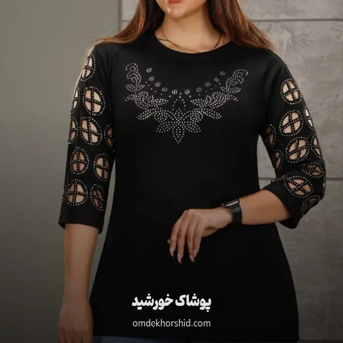 تیشرت آستین لیزری نگینی پنجره ای