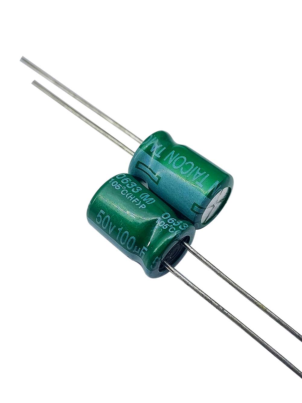 خازن الکترولیتی 100uF / 50V مارک TAICON P(HF) سایز 8mmx12mm