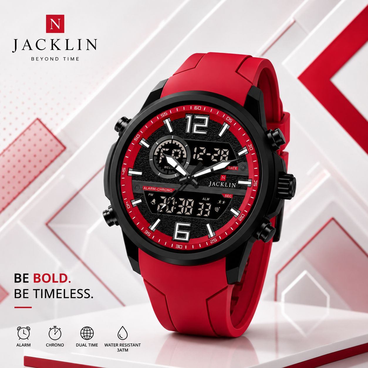 ساعت دو زمانه اسپرت جاکلین JN-1399520M قرمز کد WH496 (p)