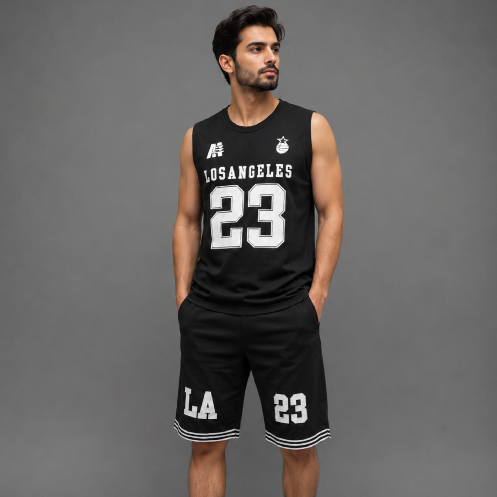 ست رکابی شلوارک مردانه LOS ANGELES 23|بوتیک ماموت - مشکی, XL