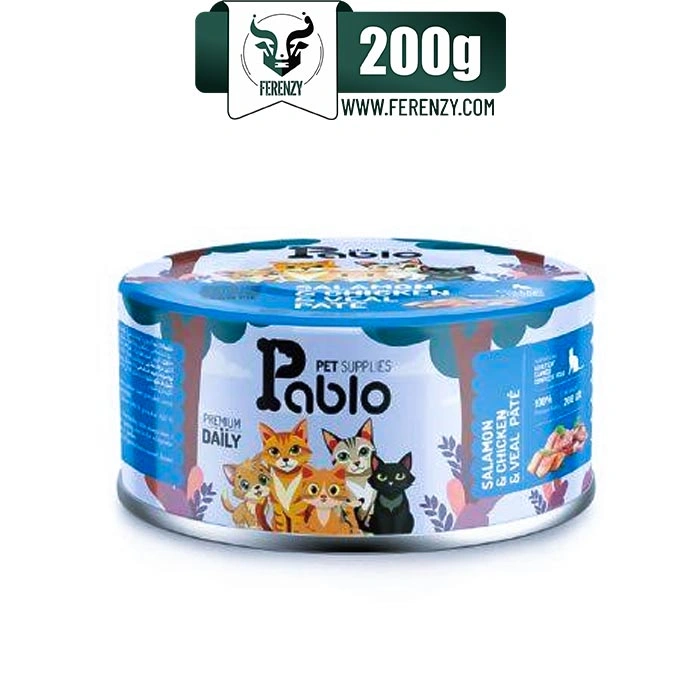 کنسرو گربه بالغ پابلو طعم مرغ و ماهی سالمون و گوشت گوساله مدل پته وزن 200 گرم Pablo Pet Supplies