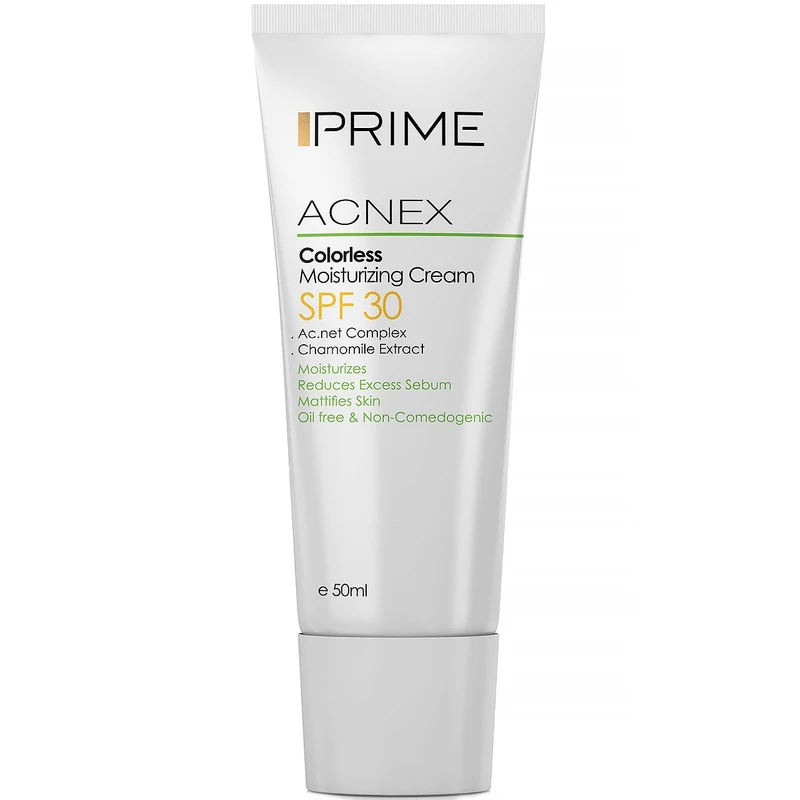 کرم مرطوب کننده بی رنگ SPF 30 پرایم مدل Acnex حجم 50 میلی لیتر