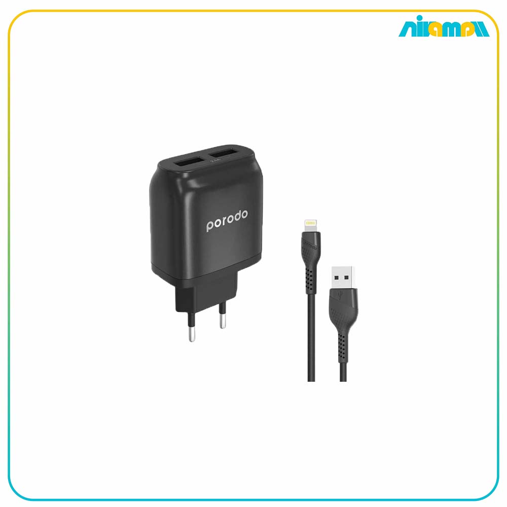 شارژر دیواری فست پرودو مدل  Dual USB Wall Charger 2.4A به همراه کابل  Lightning به طول  1.2m EU