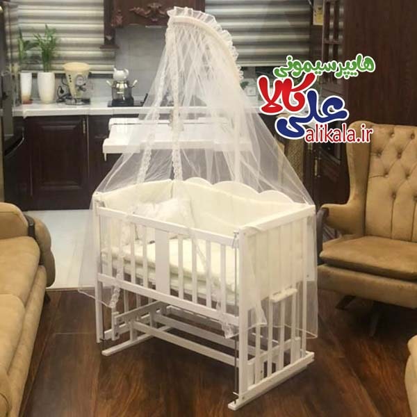 تخت و گهواره چوبی کنار تخت مادر مدل لوتوس