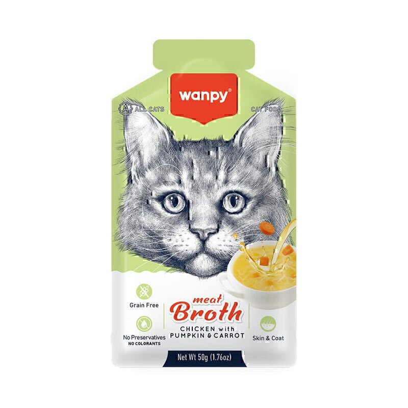 سوپ گربه ونپی با طعم مرغ، کدوحلوایی و هویج سفارش اروپا Wanpy Meat Broth وزن 50 گرم