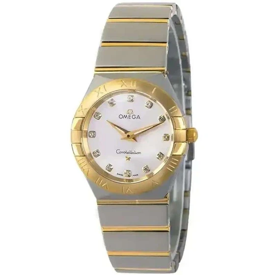 ساعت مچی زنانه امگا کانسلیشن بند دورنگ صفحه سفید صدفی OMEGA CONSTELLATION