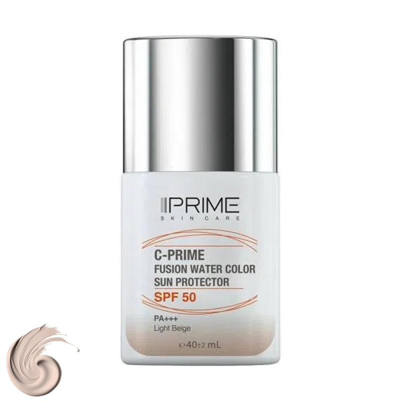 فلوئید ضد آفتاب رنگی پرایم، SPF 50، مدل فیوژن واتر، مناسب انواع پوست با تنالیته روشن و حجم 40 میلی لیتر، محافظتکننده در برابر اشعههای PA++++ ،UVA ،UVB، دارای فرمولاسیون فاقد چربی، ویتامین سی و آنتی اکسیدان، با ماندگاری 4 ساعته