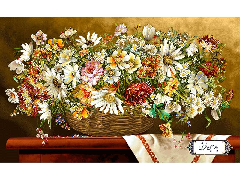 نخ و نقشه تابلو فرش سبد گل روی میز - کد NG1546