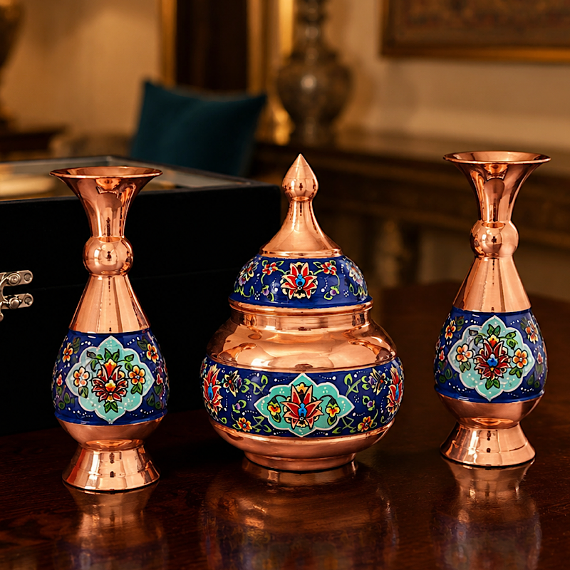 ست هدیه مس و پرداز قندان و گلدان