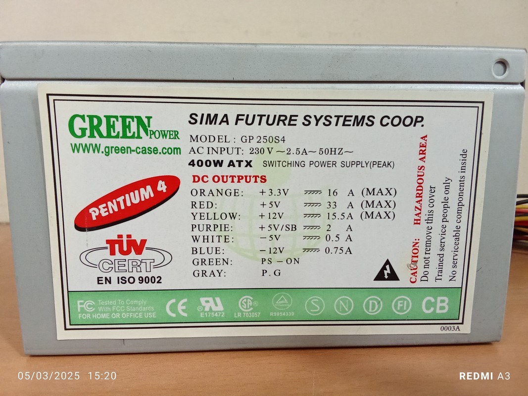 پاور 20پین GREEN مدل GP250S4-استوک(حداکثر توان400 وات)