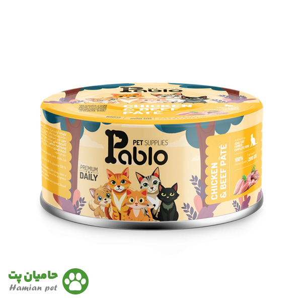 کنسرو حمایتی گربه پابلو پته طعم مرغ و گوشت گوساله وزن ۲۰۰ گرم
