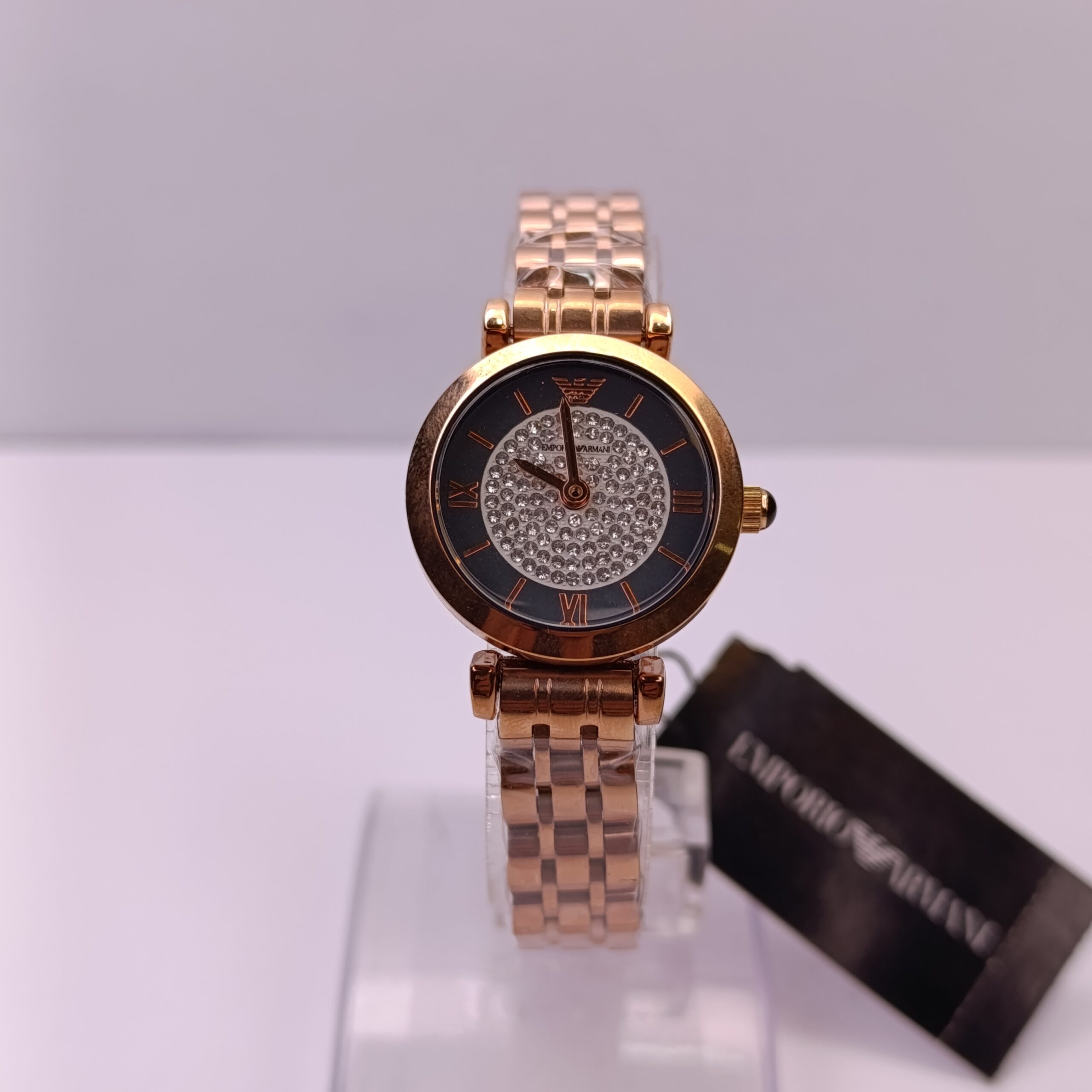 ساعت زنانه امپریو ارمانی قاب ریز رزگلد صفحه نگینEMPORIO ARMANI