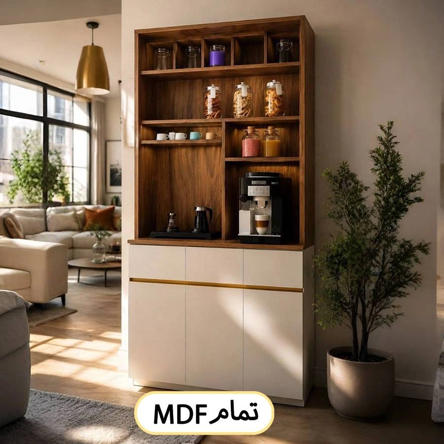 میز کافی بار و بوفه MDF مدرن مدل آرتین | کمددار با قفسه دکوری