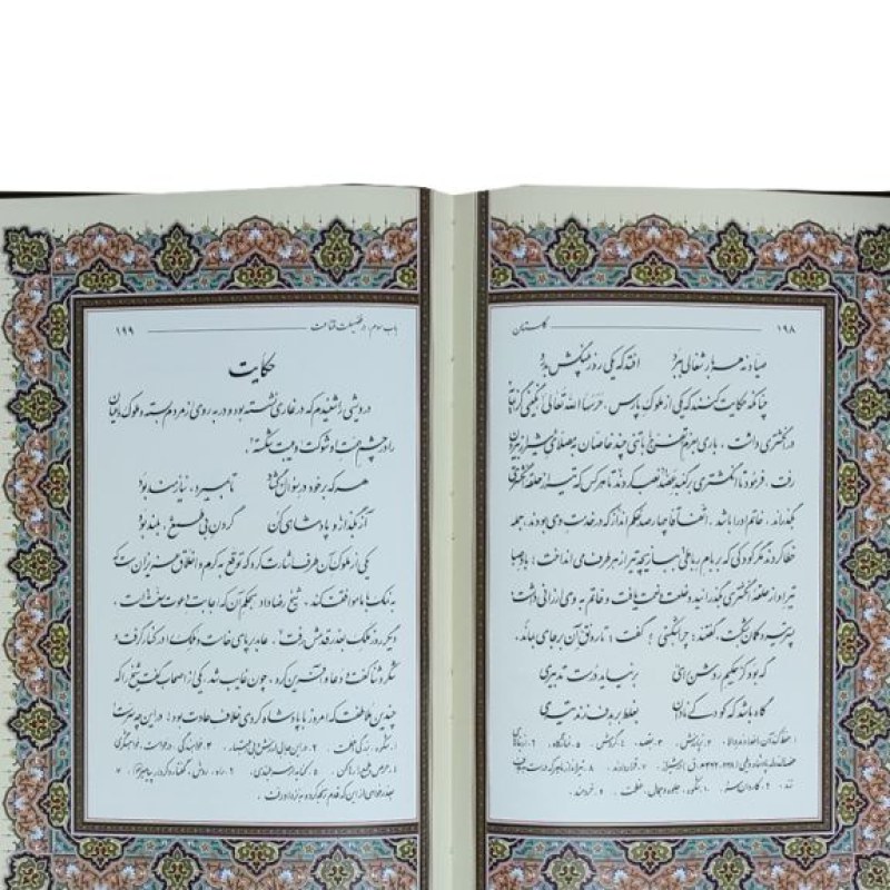 پک 2جلدی سایز وزیری بوستان و گلستان گلاسه چرم قابدار کشویی طرح پروانه