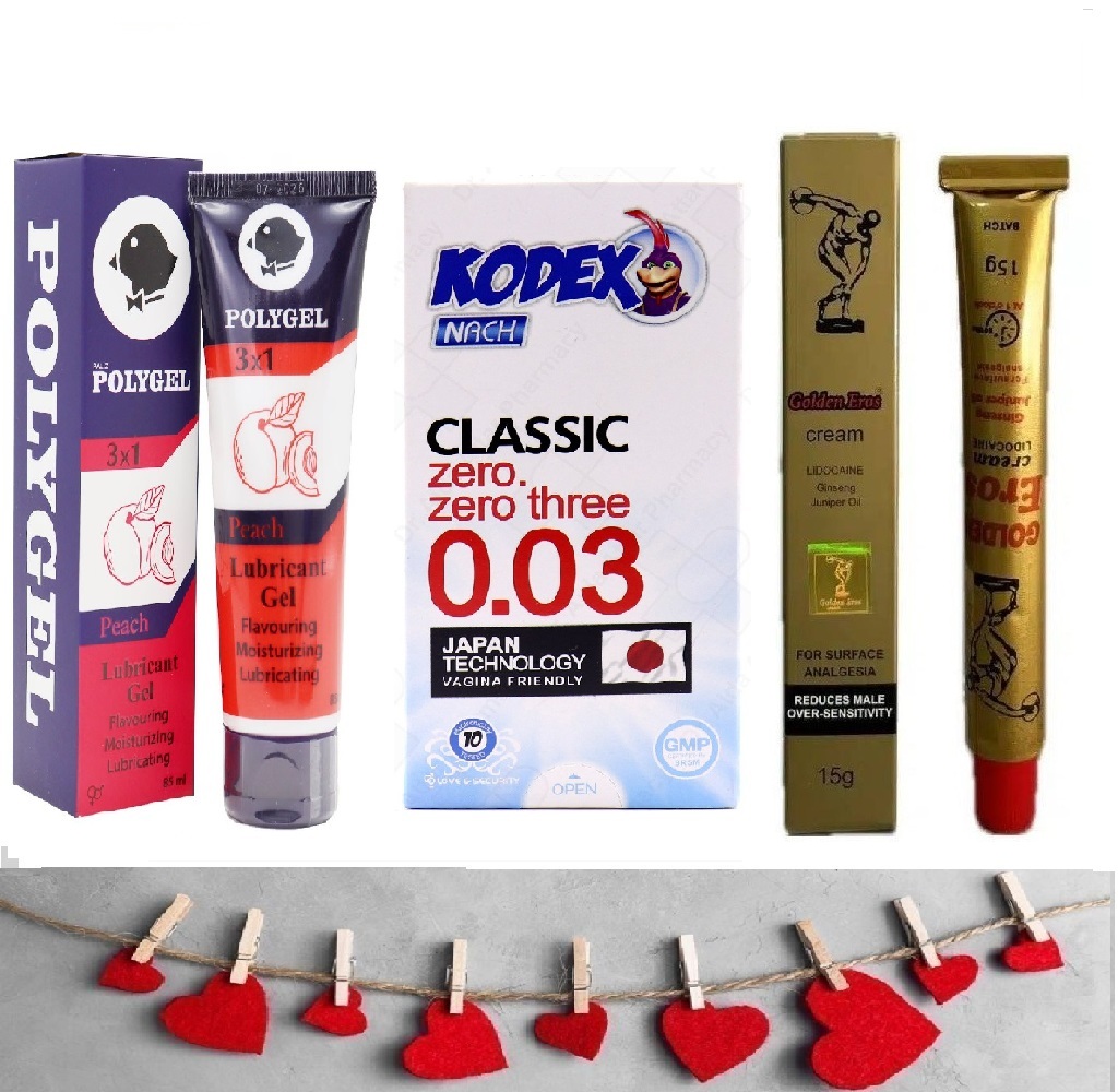 کرم تاخیری گلدن اروس اصل + روان کننده لوبریکانت پلی ژل هلو + کاندوم نازک کدکس 10 عددی