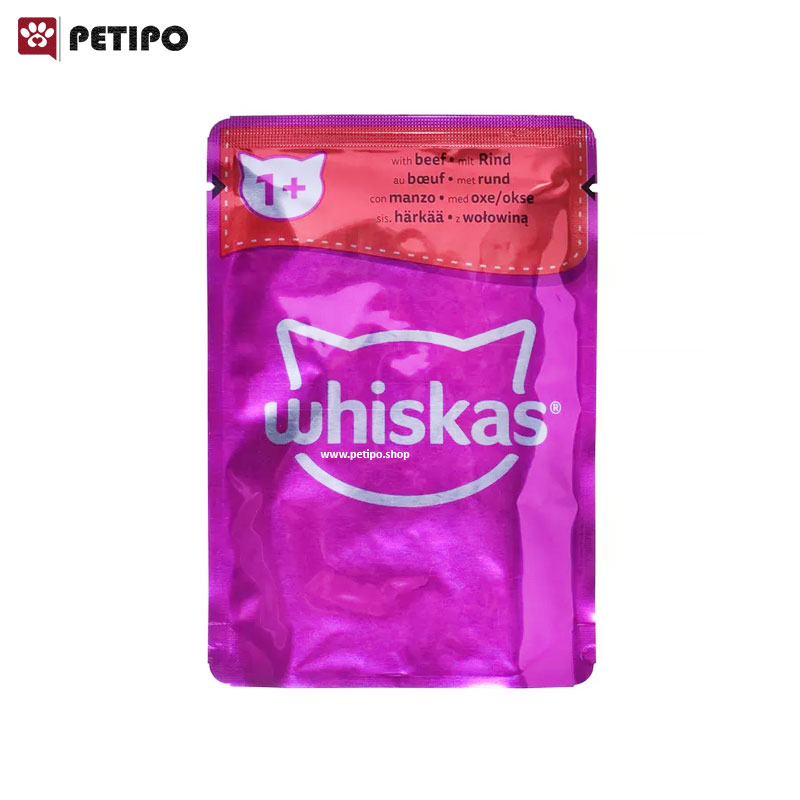 غذای پوچ گربه بالغ با طعم بیف در ژله ویسکاس (Whiskas Beef Pouch In Jelly) وزن 85 گرم