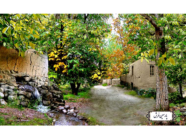 نخ و نقشه تابلو فرش منظره چشمه در کوچه باغ - کد NV838