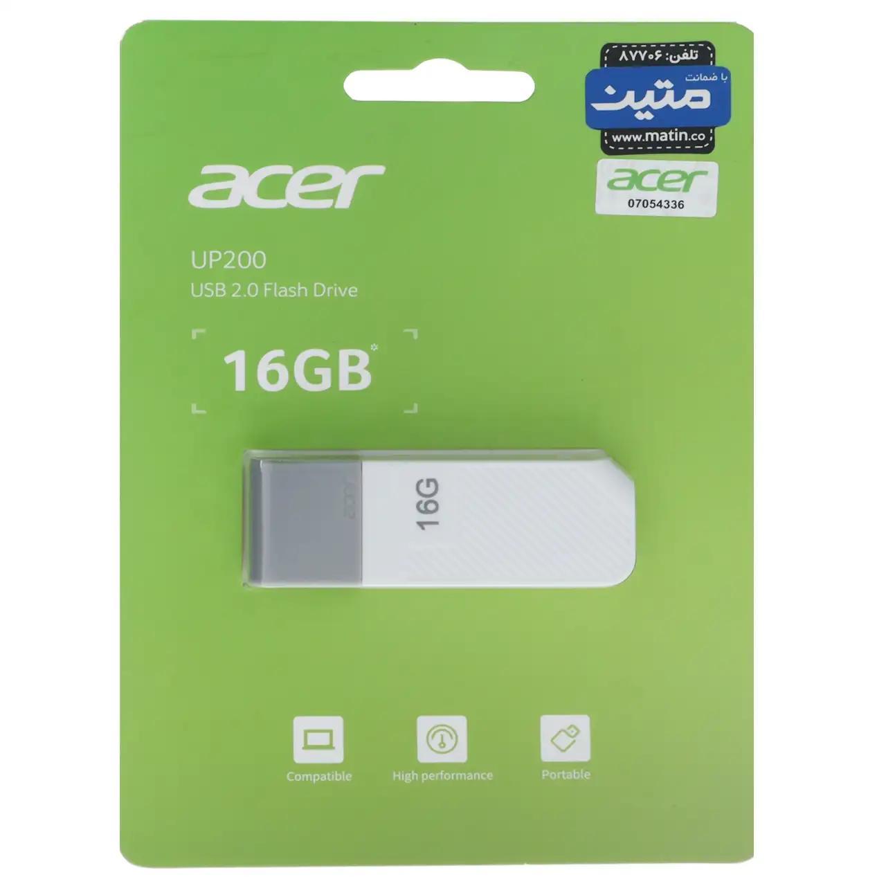 فلش مموری Acer مدل UP200 USB2.0 ظرفیت 16GB - سفید (گارانتی متین)