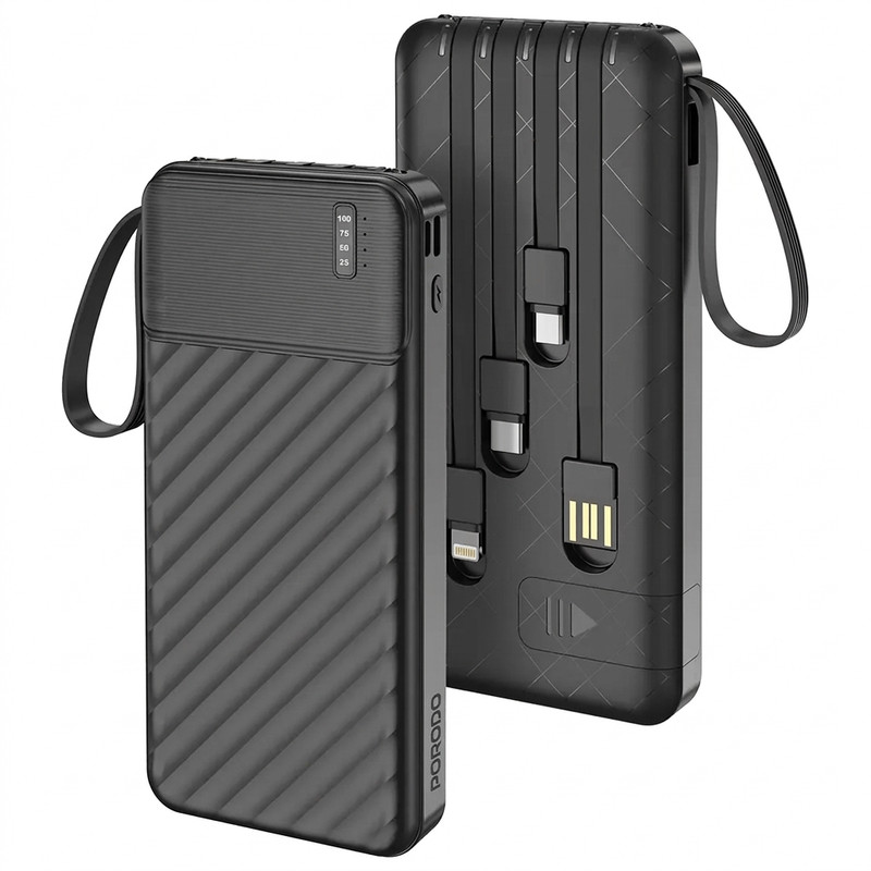 پاوربانک 10.5 وات پرودو مدل PIANO ظرفیت 10000 میلیآمپرساعت به همراه چهار عدد کابل MicroUSB/ USB-C / USB / لایتنینگ