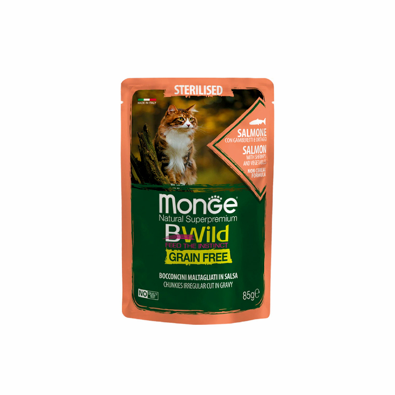پوچ گربه عقیم مونژ مدل بیوایلد طعم ماهی سالمون و میگو Monge Bwild Sterilised Cat Pouch Salmon وزن 85 گرم