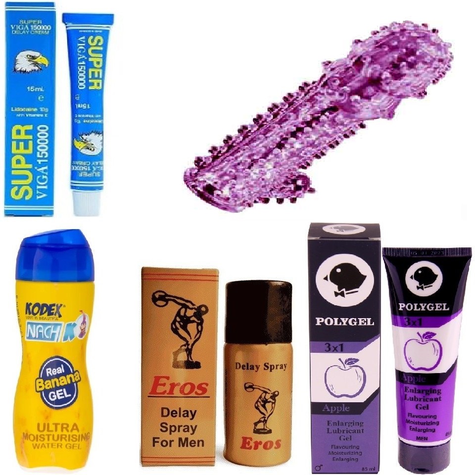 پکیج زناشویی4 ( اسپری تاخیری اروس + کرم تاخیری ویگا + حجم دهنده پلی ژل + روان کننده کدکس + کاندوم سیلیکونی خاردار )