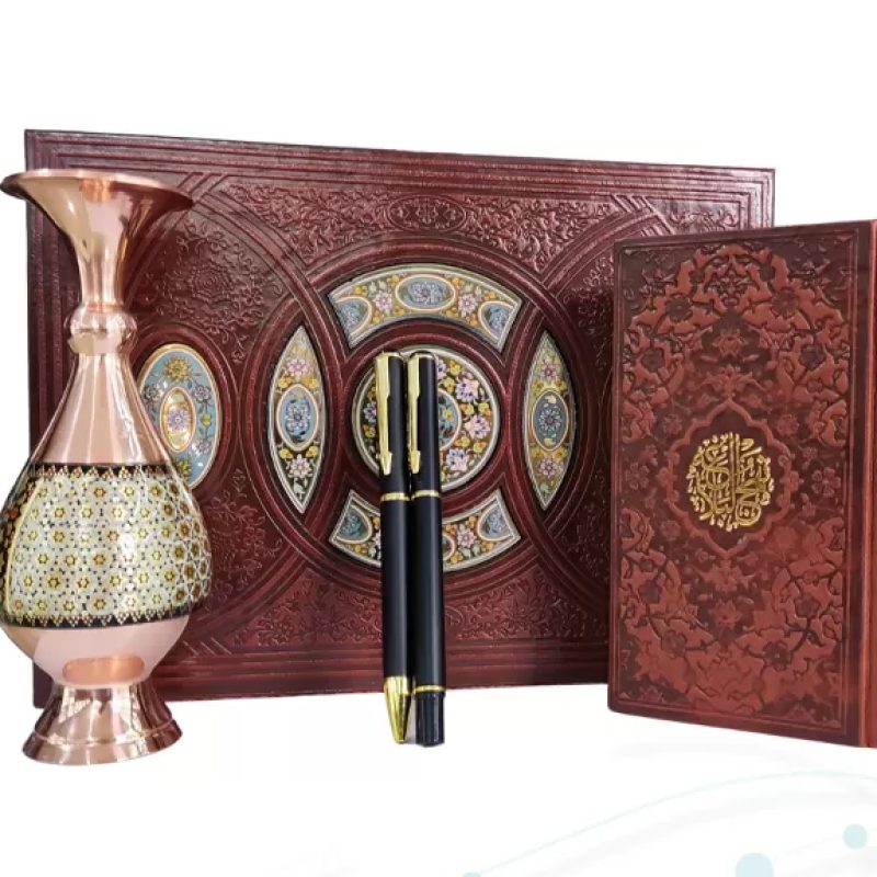 نهج البلاغه پالتویی چرم با گلدان خاتم و خودکار و روان نویس