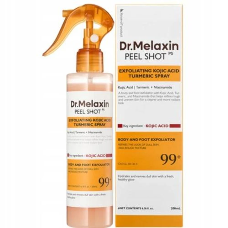 اسپری لایه‌بردار بدن و پا دکتر ملاکسین Dr.Melaxin Peel Shot Exfoliating Kojic Acid Turmeric Spray حجم ۲۰۰ میلی‌لیتر | روشن‌کننده، ضد تیرگی و نرم‌کننده پوست
