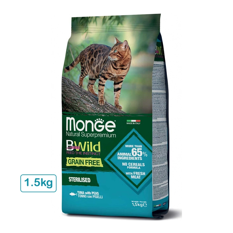 غذای خشک گربه بالغ مونژه مدل Monge BWild Grain Free Formula Sterilised Cat Tuna with Peas با ماهی تن و نخودفرنگی بدون غلات وزن 1.5 کیلوگرم