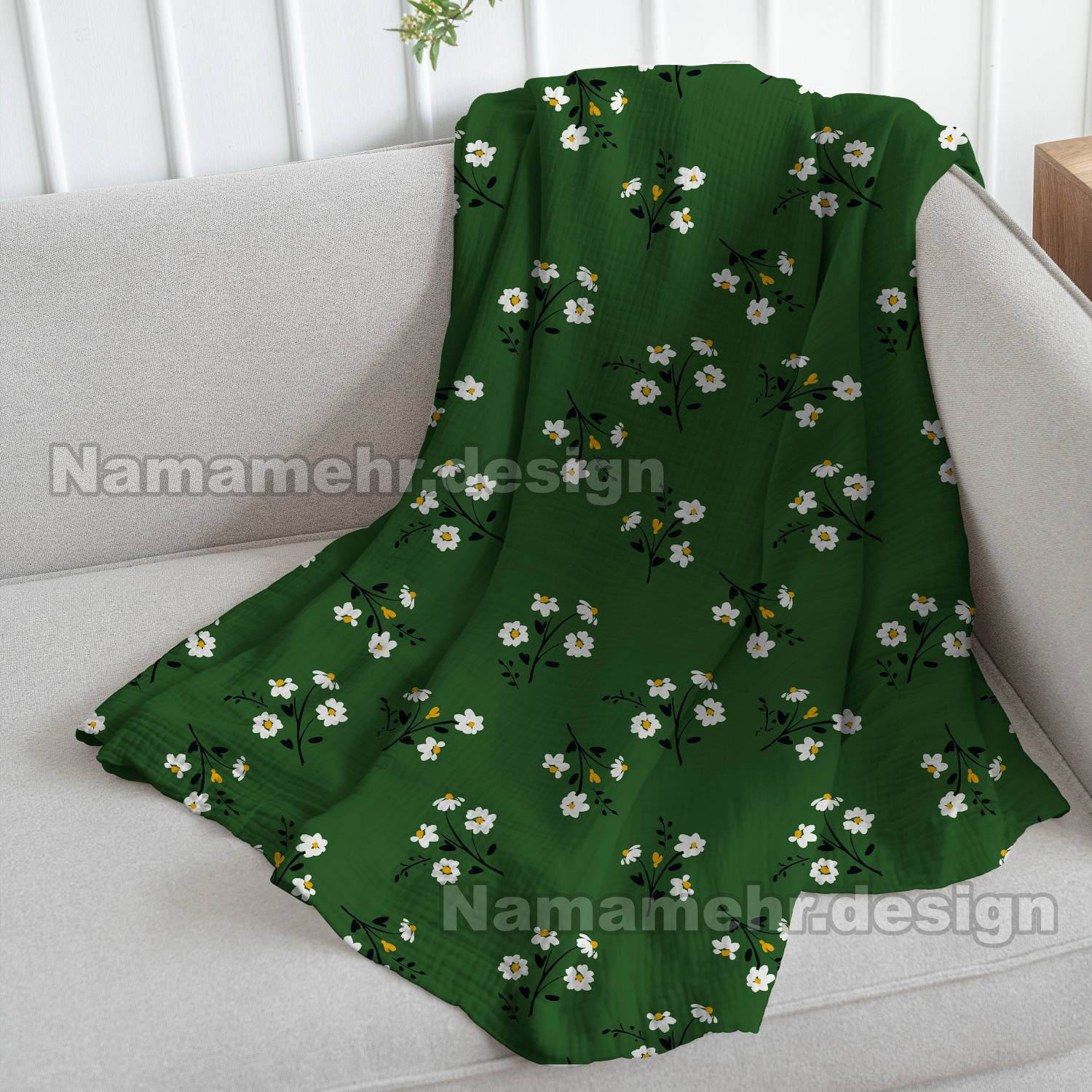 شال مبل طرح گل بابونه رنگ سبز کد L014
