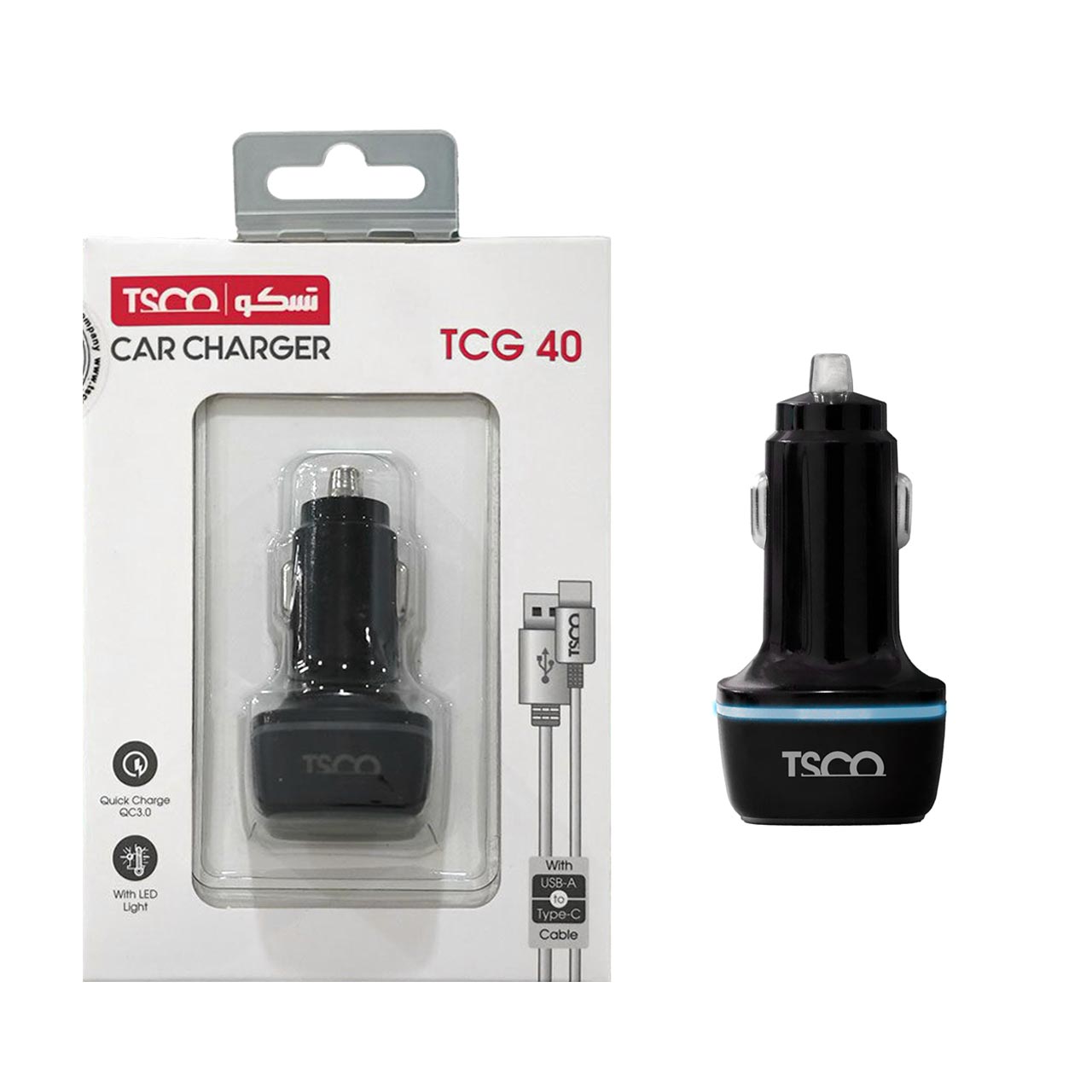شارژر فندکی 30W فست دو پورت TSCO مدل TCG 40 به همراه کابل شارژ Type-C - مشکی