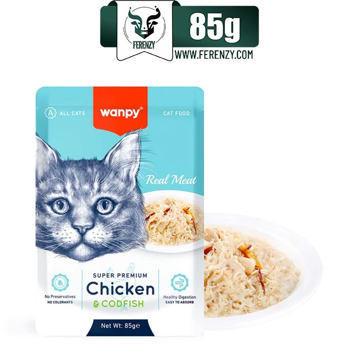 پوچ گربه ونپی طعم مرغ و ماهی کاد در ژله 85 گرم Wanpy Super Premium Chicken & Codfish