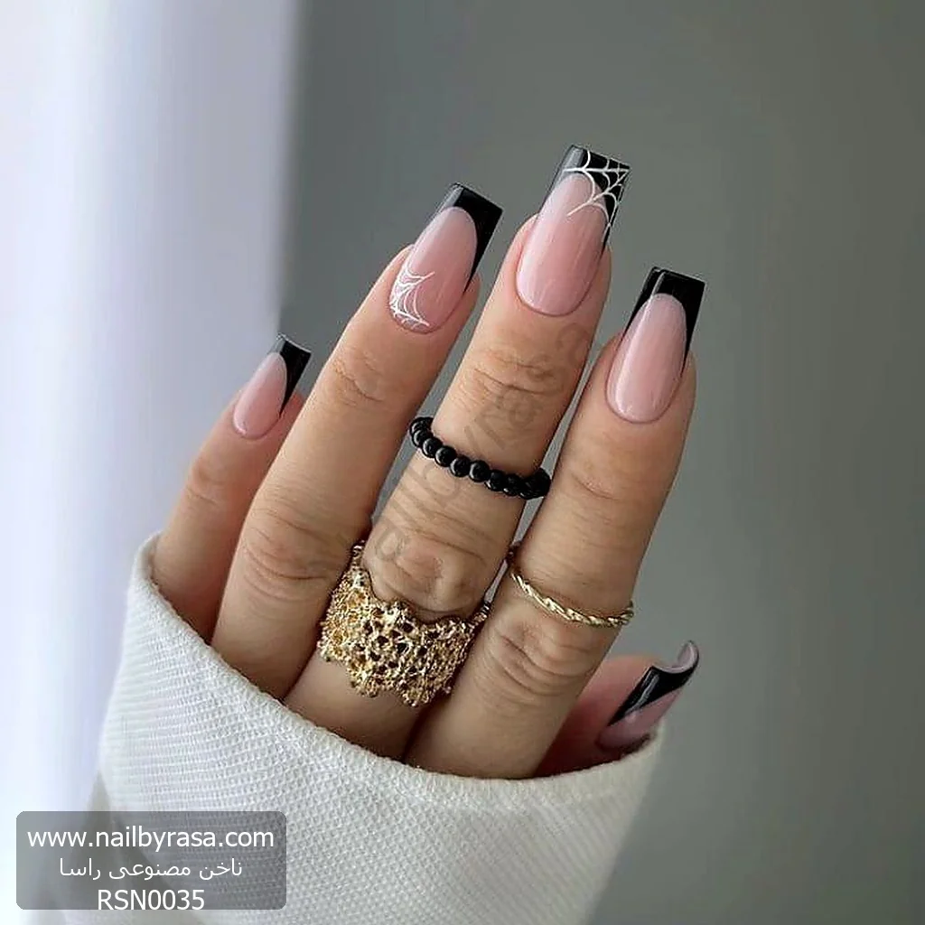 ناخن مصنوعی طرح فرنچ مشکی و تار عنکبوت سفید هالووین مربعی بلند راسا - RSN0035