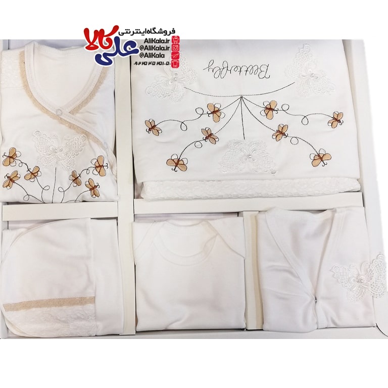 ست لباس 10 تکه گیپور دار الیزابت طرح گل و پروانه کد AK13